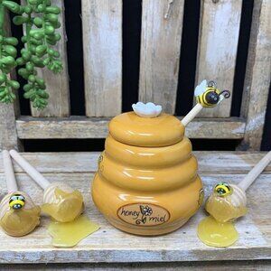Beehive Honey Pot Jar 3 Inch Honey Bee Dipper Tiered Tray Decor Yellow Summer